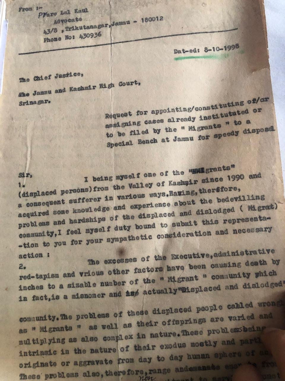 Petition for Special Bench for Migrant Cases in J&K High Court