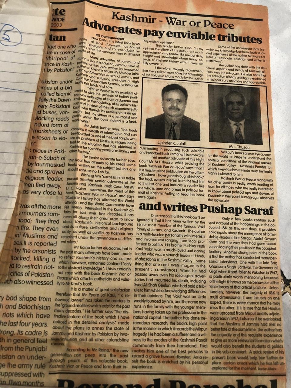 Kashmir: War or Peace – A Critically Acclaimed Work by Pyare Lal Kaul