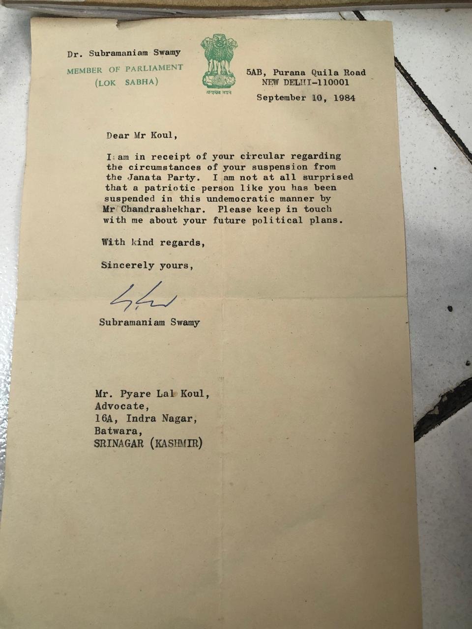 Letter from Dr.Subramanian Swamy on Political Developments