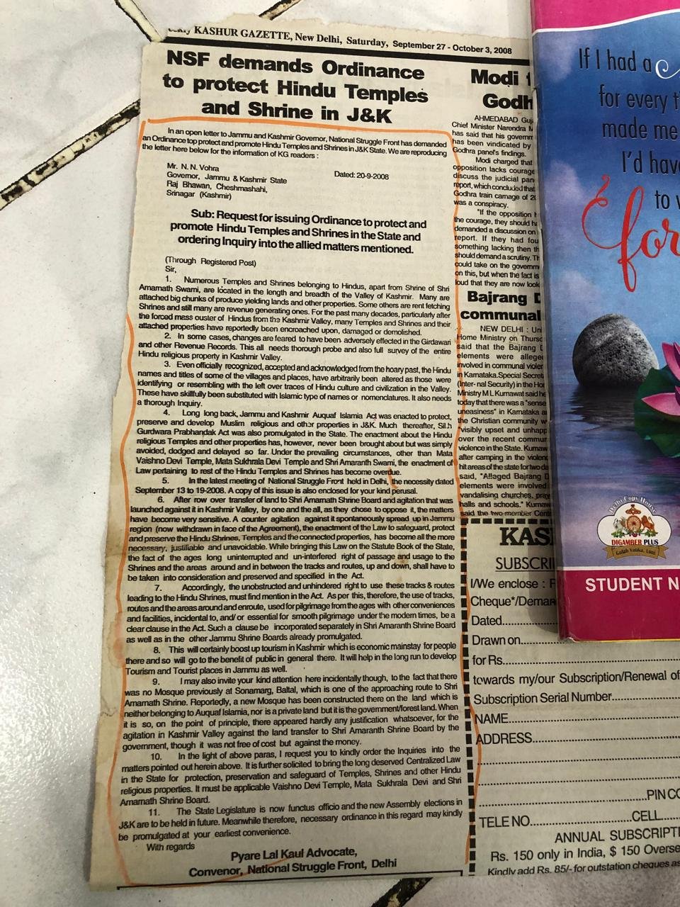 NSF Demands Ordinance to Protect Hindu Temples and Shrines in J&K