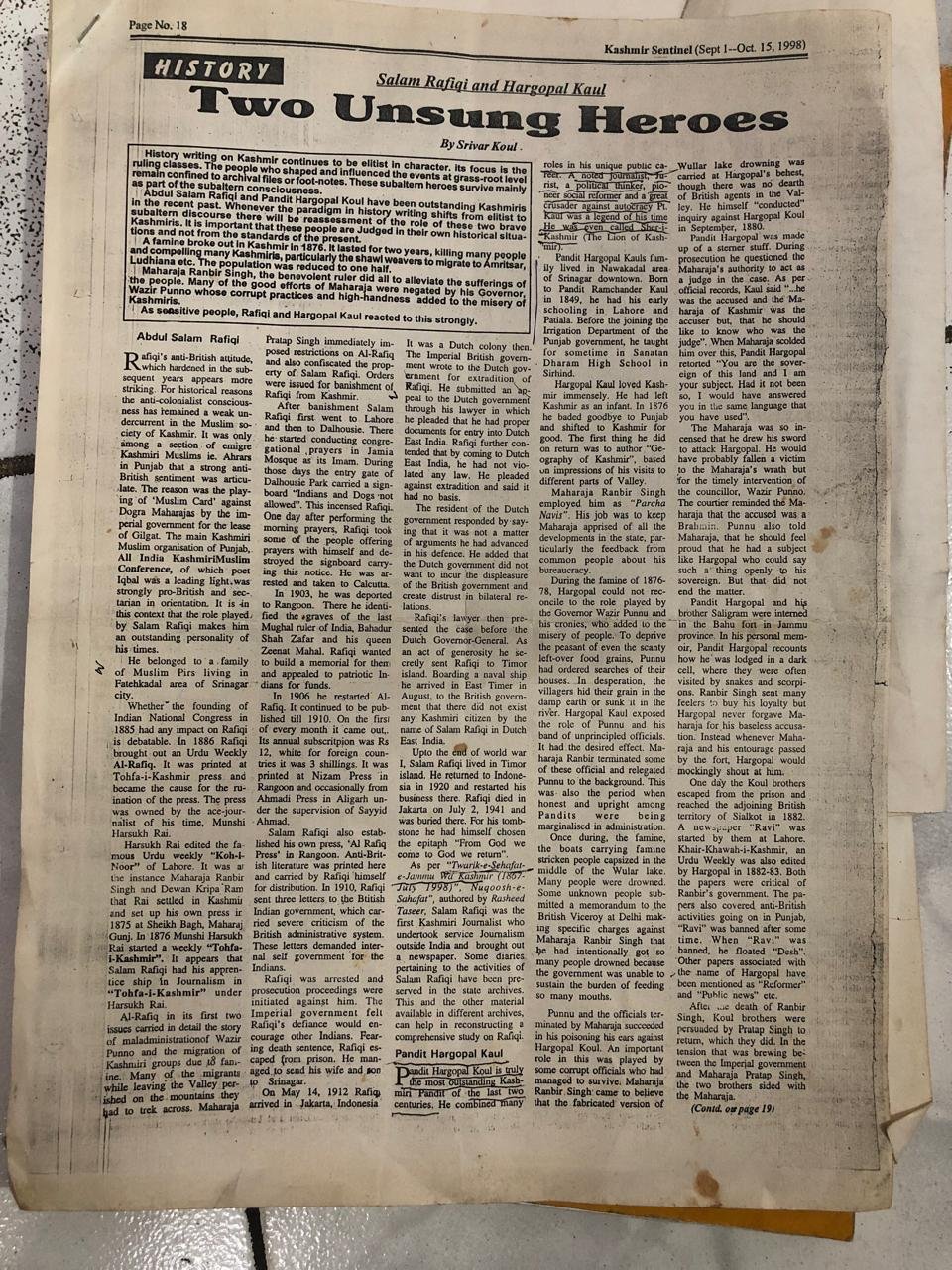 Pandit Hargopal Kaul: The Lion of Kashmir